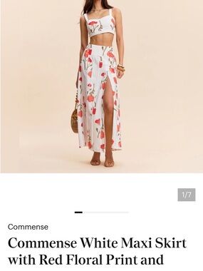 Commense White Maxi Skirt with Red Floral Slits